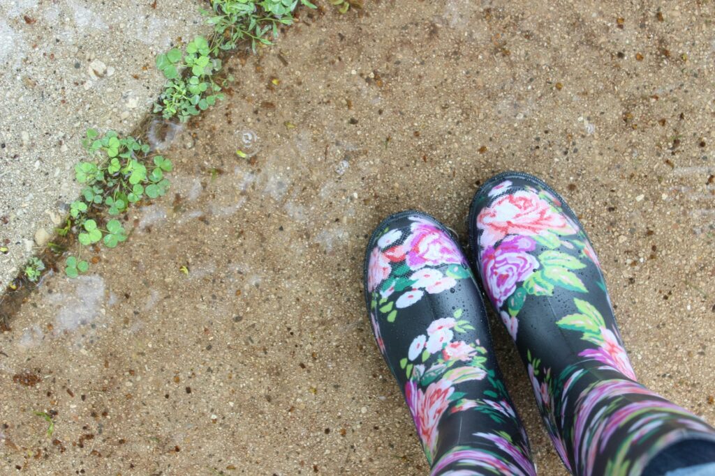 Floral boots on paving with weeds.