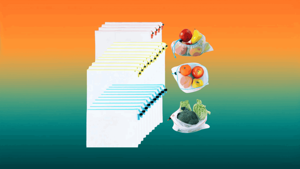 reusable produce bags in front of an orange and teal background