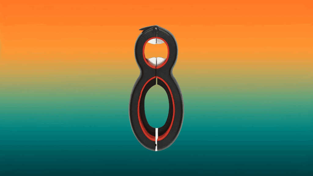 black and red jar opener in front of an orange and teal background