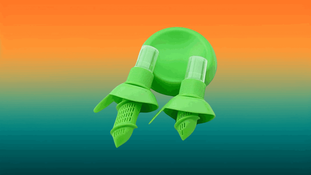 two green lemon sprayers in front of an orange and teal background