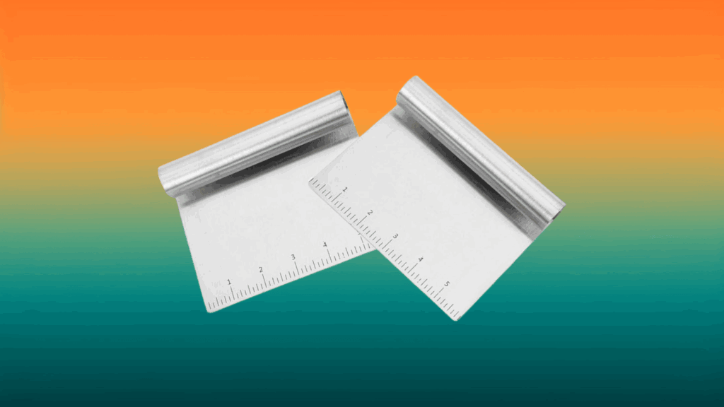 two steel scrapers in front of an orange and teal background