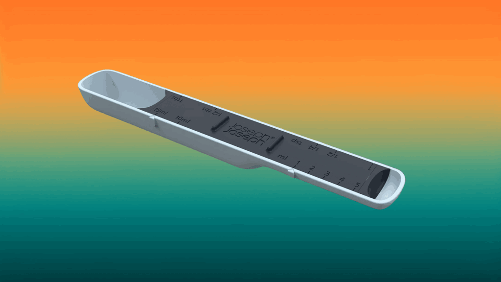 gray adjustable measuring spoon kitchen gadget in front of an orange and teal background