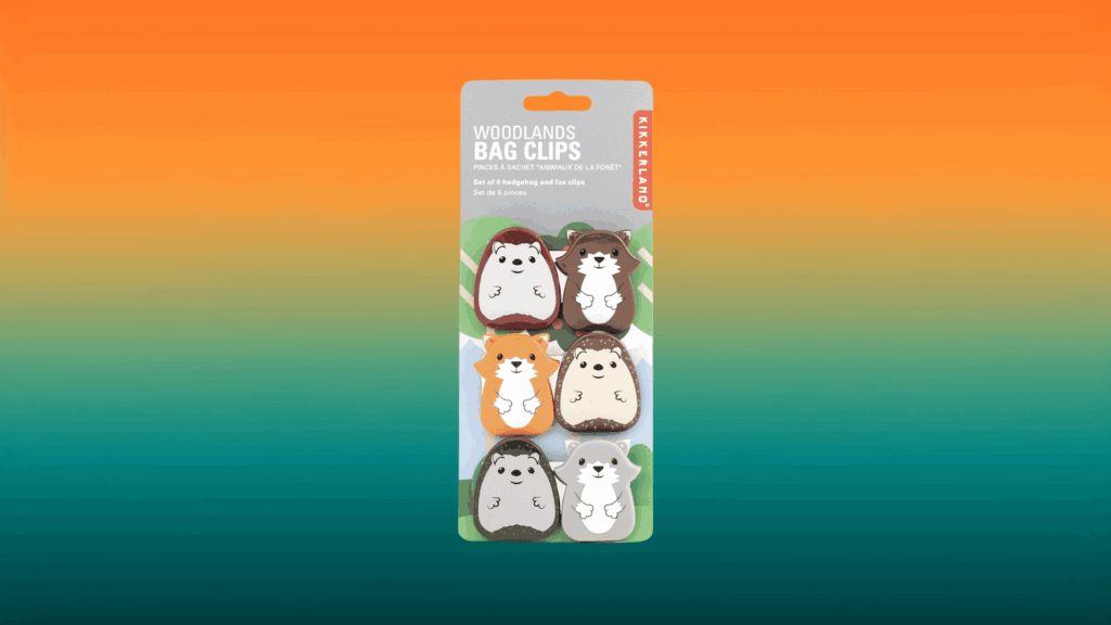 woodland animal bag clips in front of an orange and teal background