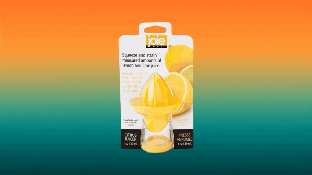 yellow lemon squeezer in front of an orange and teal background