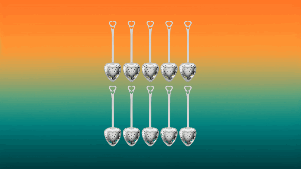 heart shaped leaf tea infusers in front of an orange and teal background