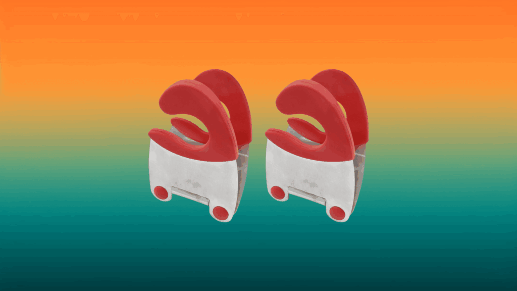 two stainless steel and red pot clips in front of an orange and teal background