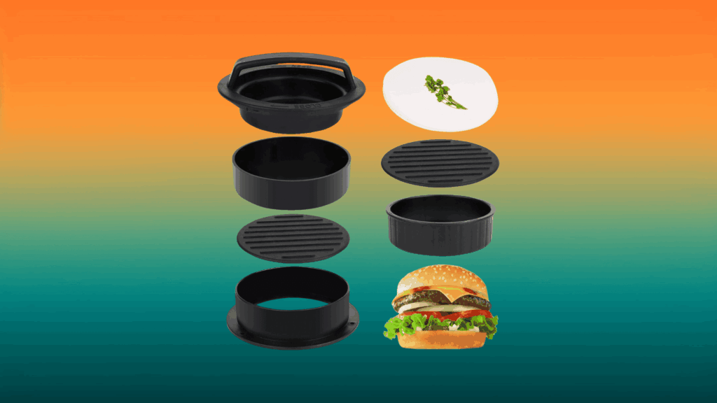 stuffed burger press kitchen gadget in front of an orange and teal background
