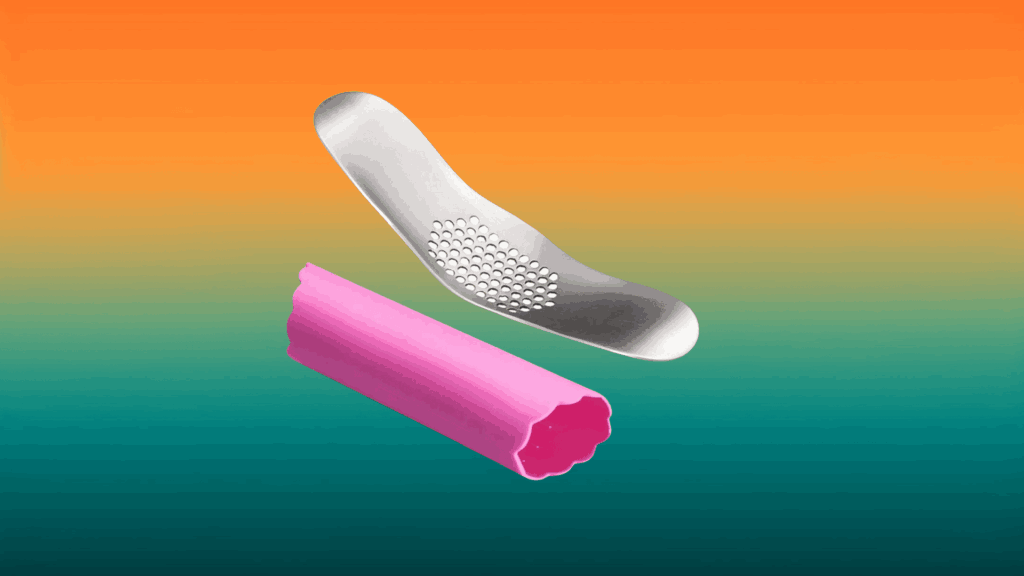 stainless steel and pink garlic kitchen gadget under $10 in front of an orange and teal background