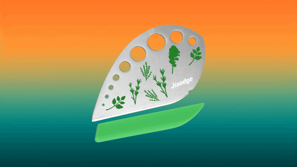 green and stainless steel herb stripper in front of an orange and teal background