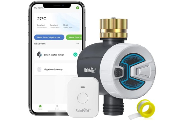 Rainpoint WiFi Sprinkler Timer with a cellphone displaying the complementary app