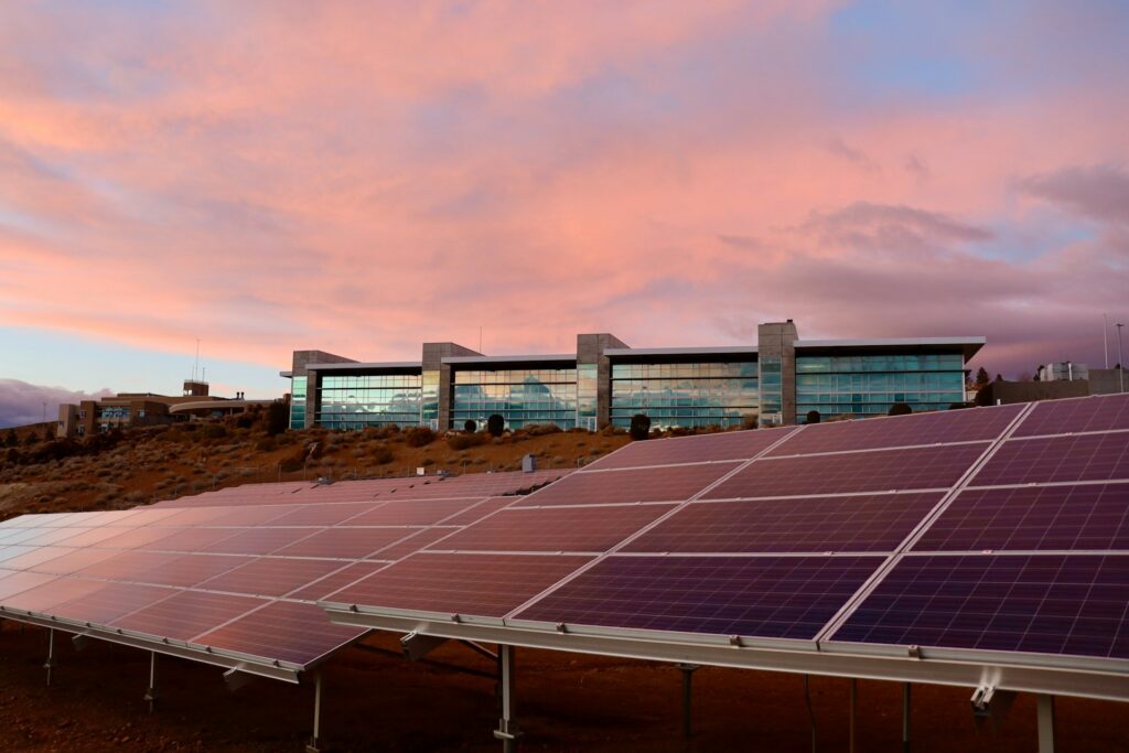 Solar panels and a sunset.