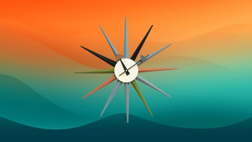 mid-century modern furniture clock in front of an orange and teal background