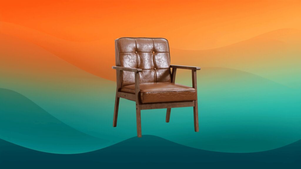 brown and wood leather mid-century modern furniture chair in front of an orange and teal background