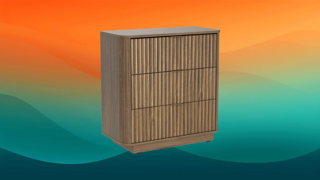paneled mid-century modern furniture dresser in front of an orange and teal background