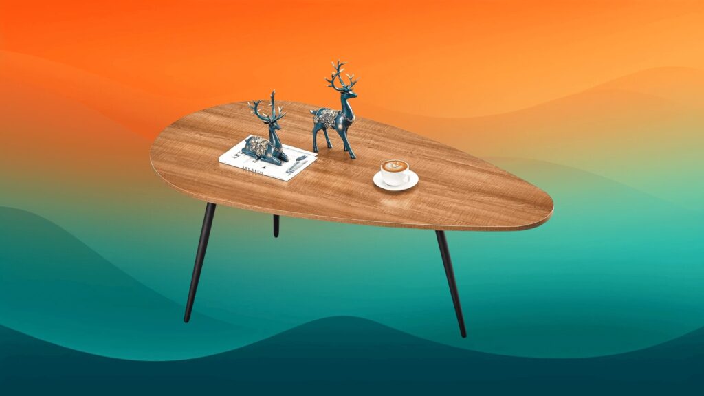egg-shaped wooden mid-century modern furniture coffee table in front of an orange and teal background