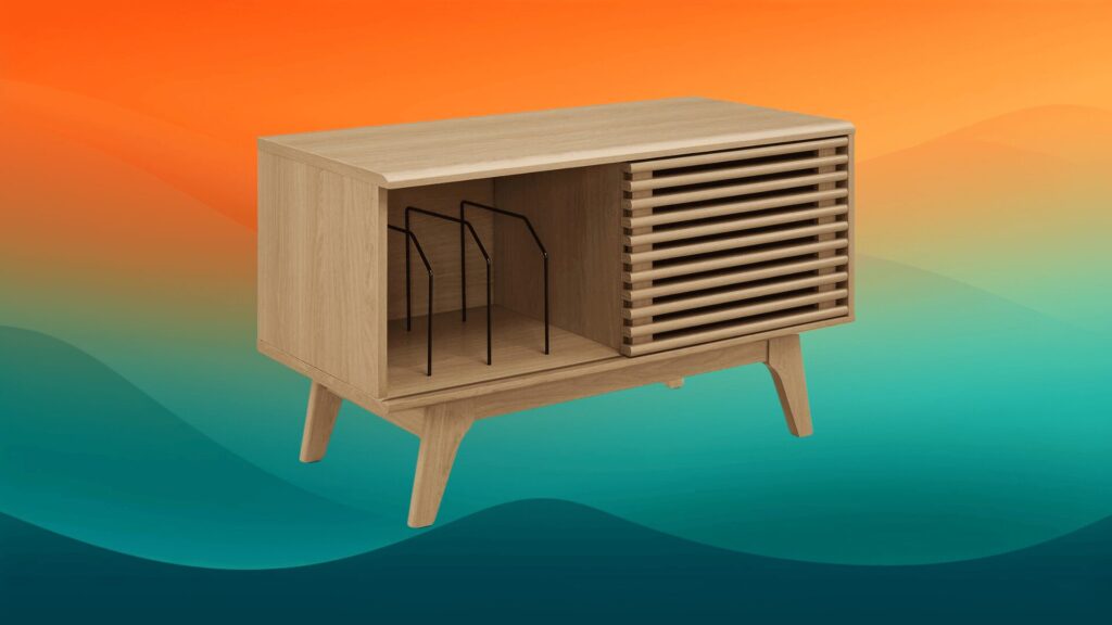 paneled display stand mid-century modern furniture in front of an orange and teal background