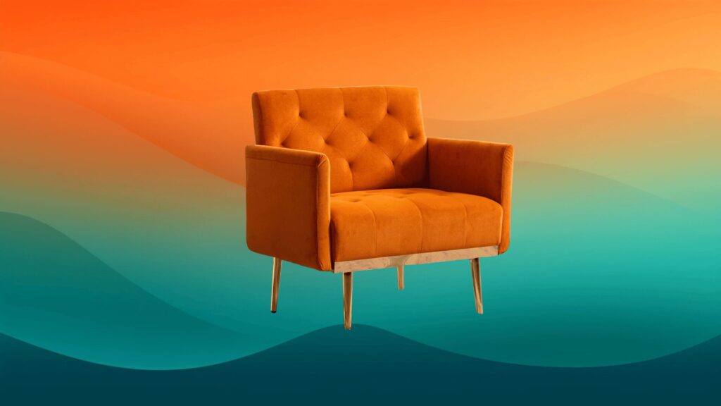 velvet orange tufted chair mid-century modern furniture in front of an orange and teal background