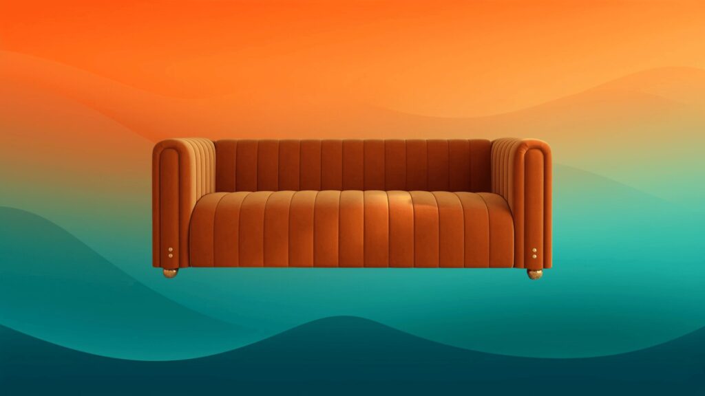 velvet orange couch mid-century modern furniture in front of an orange and teal background