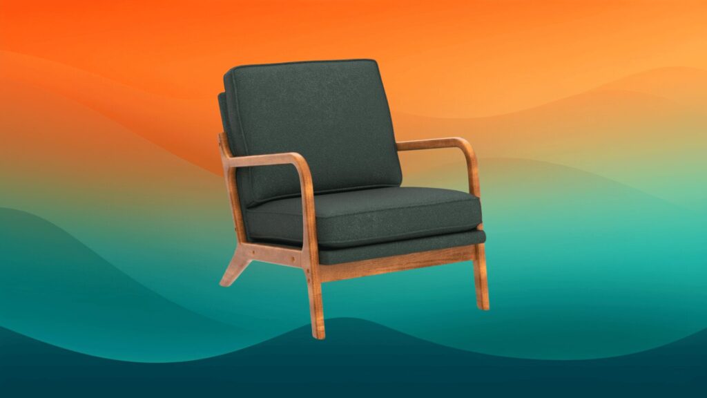 green and wood mid-century modern furniture chair in front of an orange and teal background