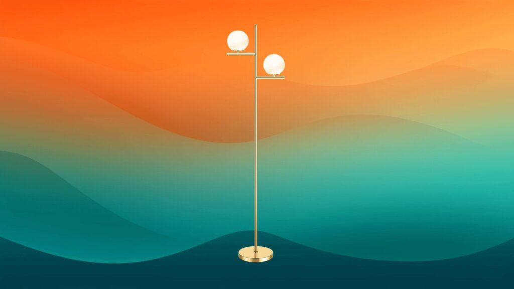 gold globe mid-century modern furniture lamp in front of an orange and teal background