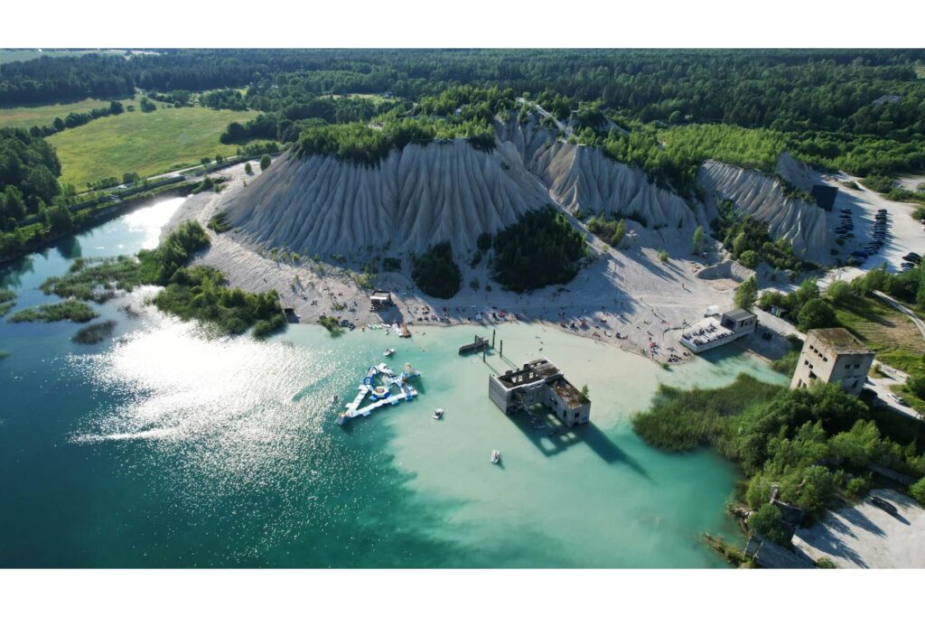 A bird's-eye view of a limestone quarry.