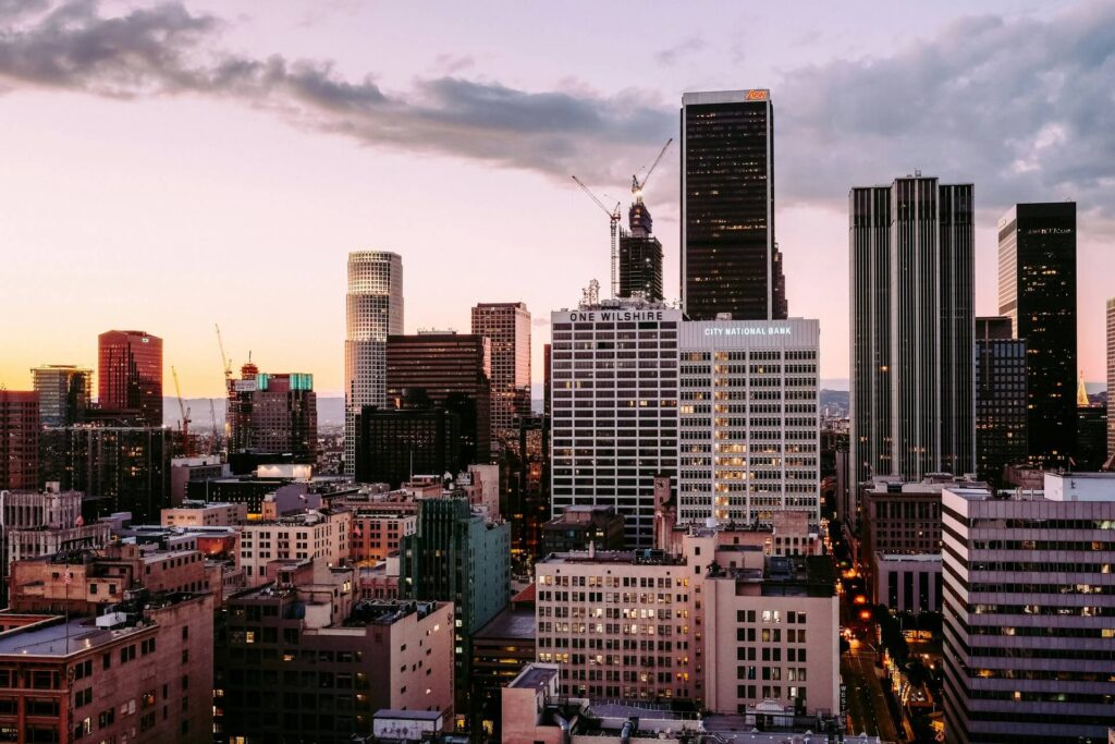 A city skyline viewed from a high vantage point.