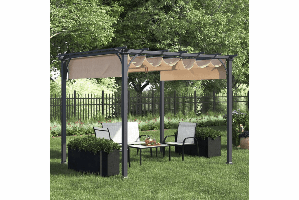a steel pergola with draped fabric