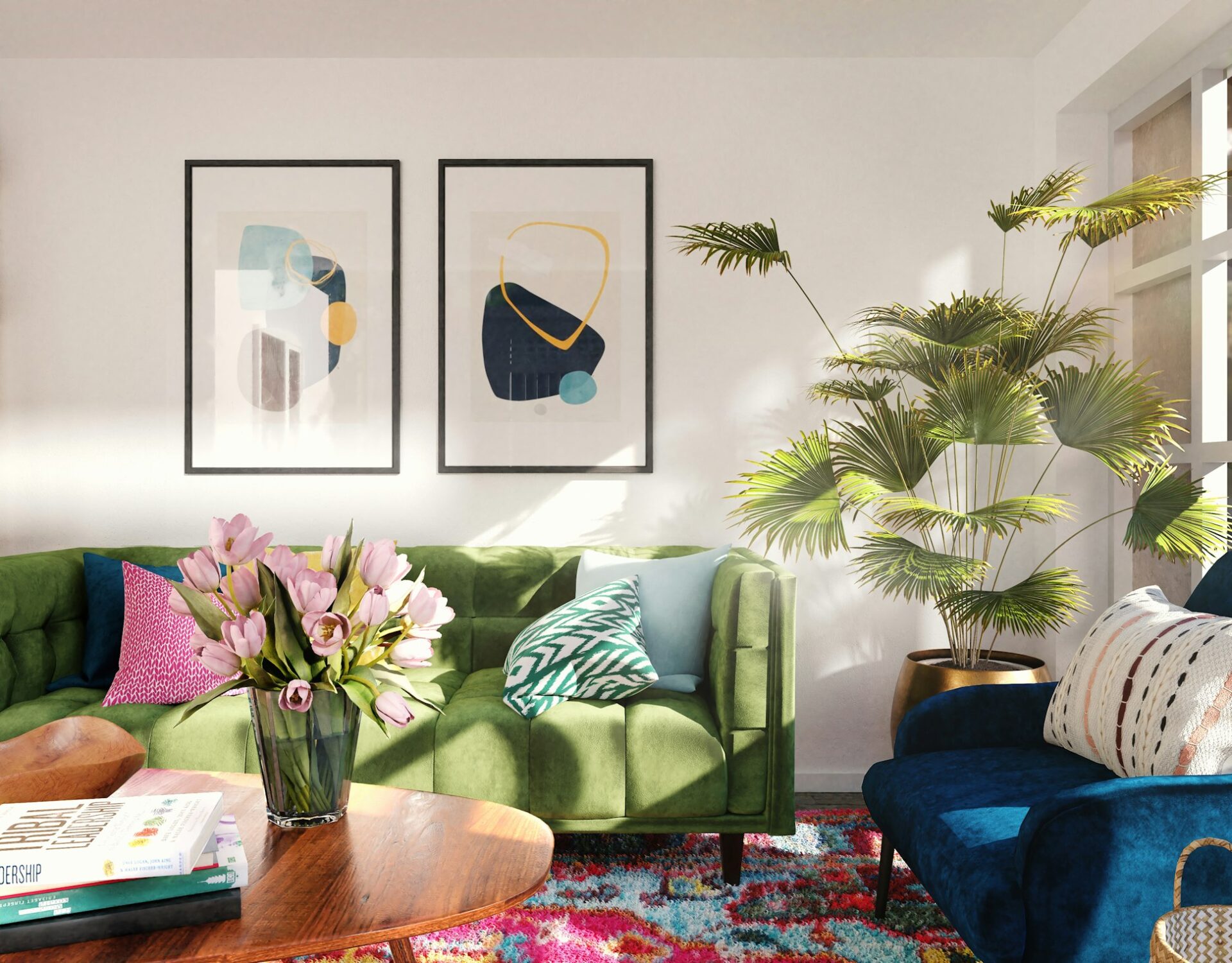living room with colorful sofas
