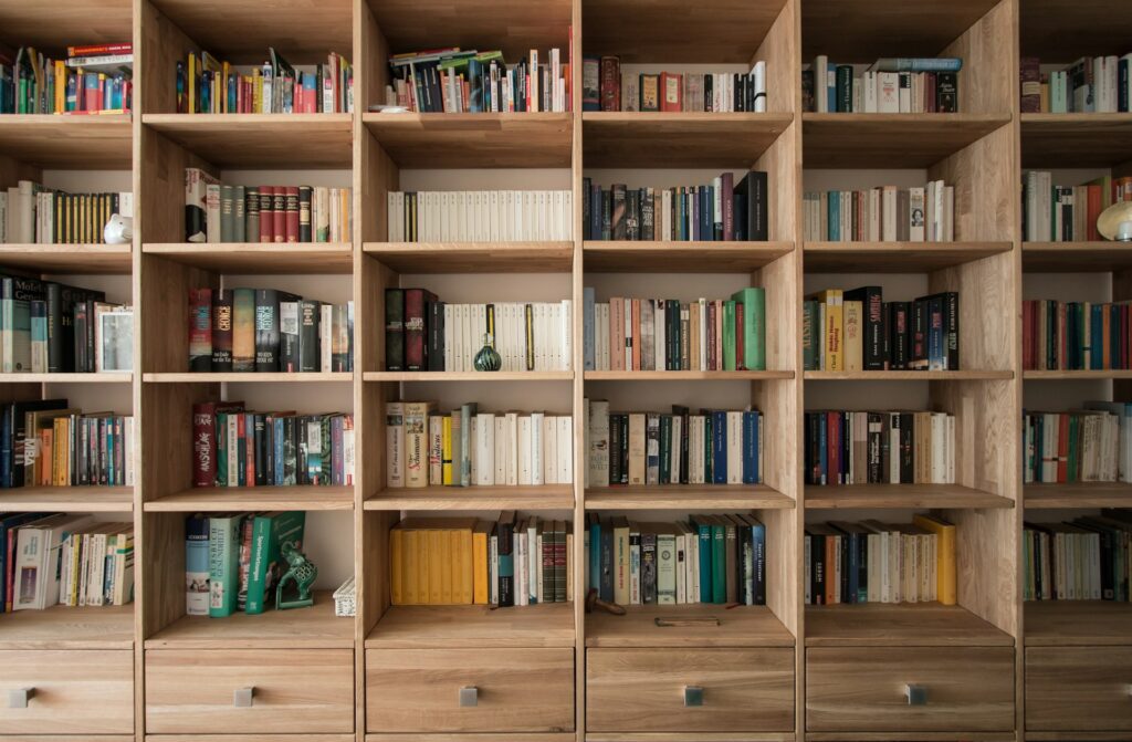 bookshelf set up in attic