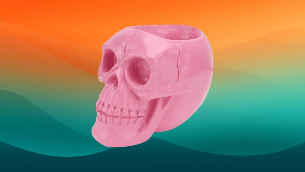 pink skull bowl in front of an orange and teal background