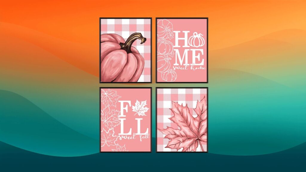 pink Halloween decor prints in front of an orange and teal background