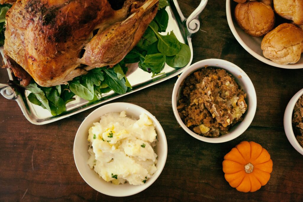 A hosted Thanksgiving dinner spread in a small house