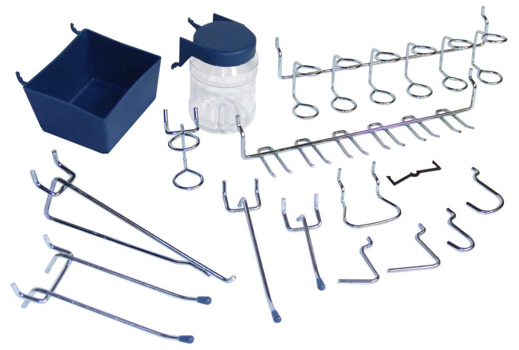 a variety of silver hanging pegboard organizing tools
