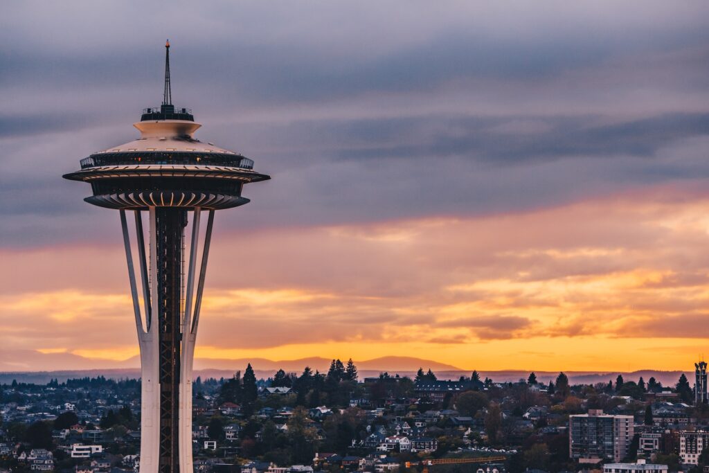 seattle space needle skyline at sunset