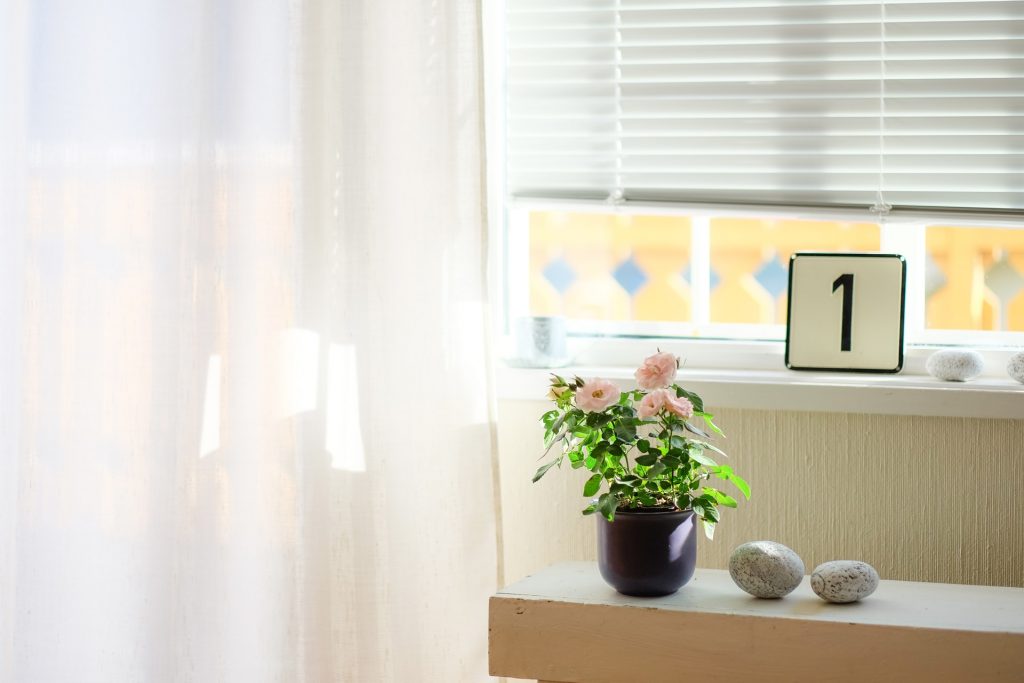 A white shelf with rocks and a pot with pink flowers on it near a window