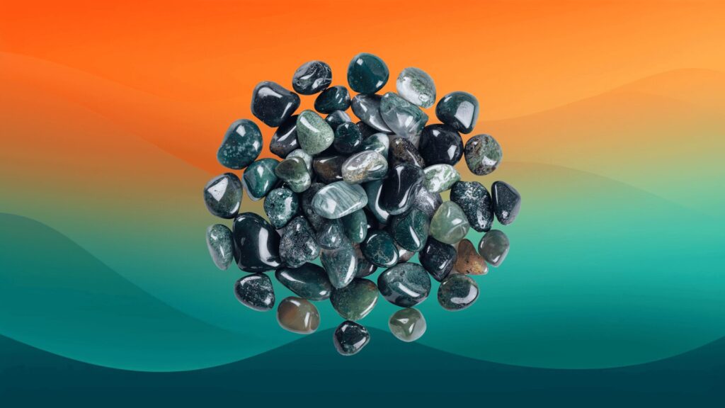 blue and gray stones for potted plants in front of an orange and teal background