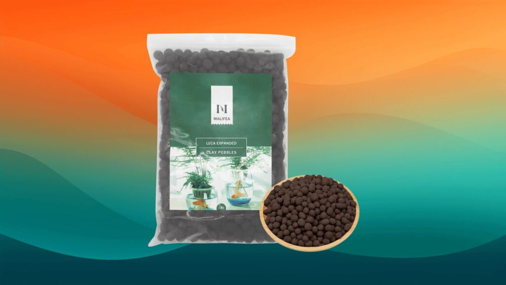brown clay stones for potted plants in front of an orange and teal background