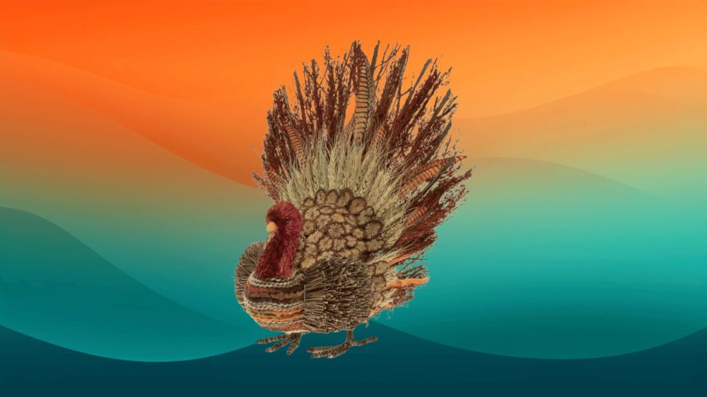 turkey Thanksgiving decor made out of natural elements in front of an orange and teal background
