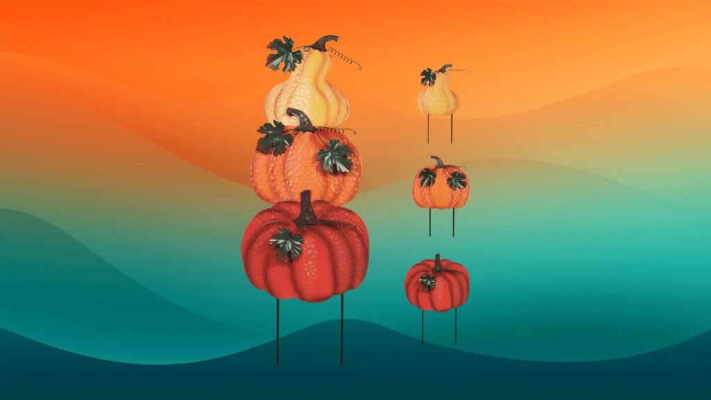 Thanksgiving decor pumpkin outdoor stakes in front of an orange and teal background