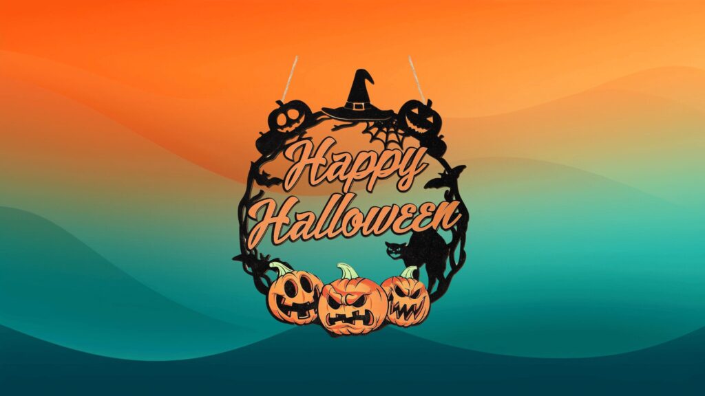 happy Halloween wooden wreath with pumpkins in front of an orange and teal background