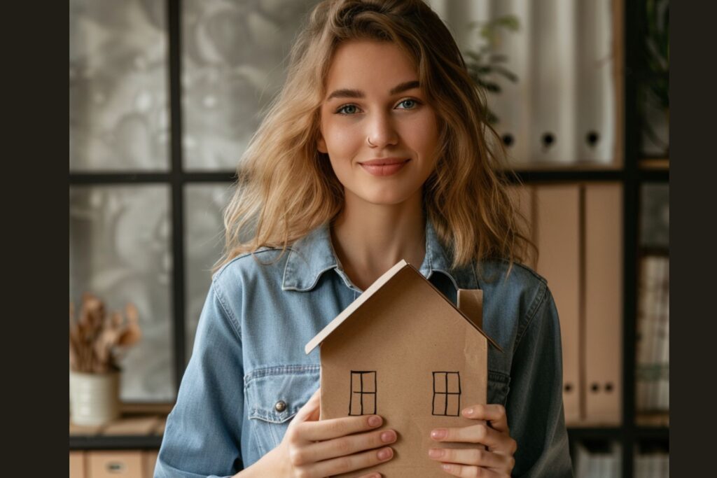 young woman holding a paper mockup of her dream house
