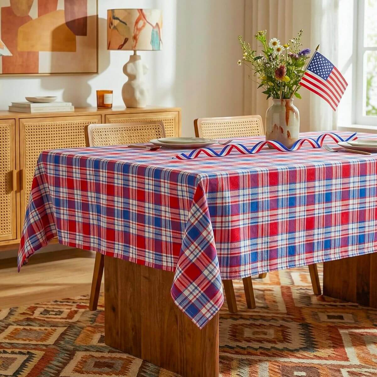 Red white and blue plaid tablecloth