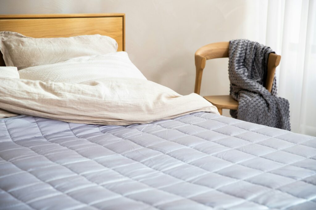 An unmade bed.