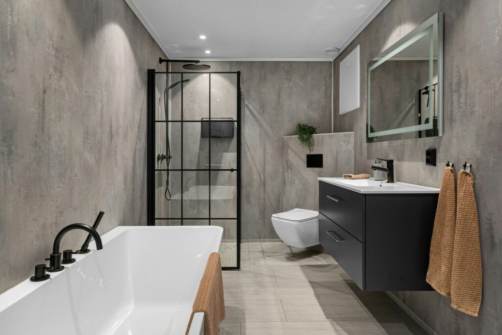 Stylish bathroom with shower.