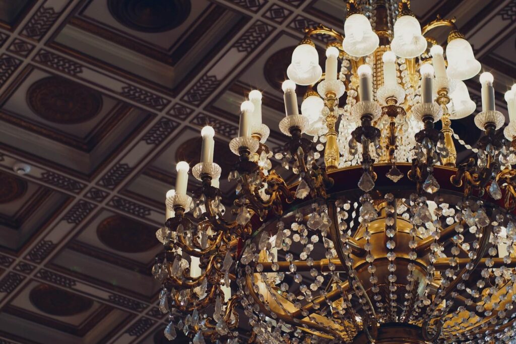 Antique patterned ceiling with a chandelier at Cheong Wa Dae in Seoul, South Korea