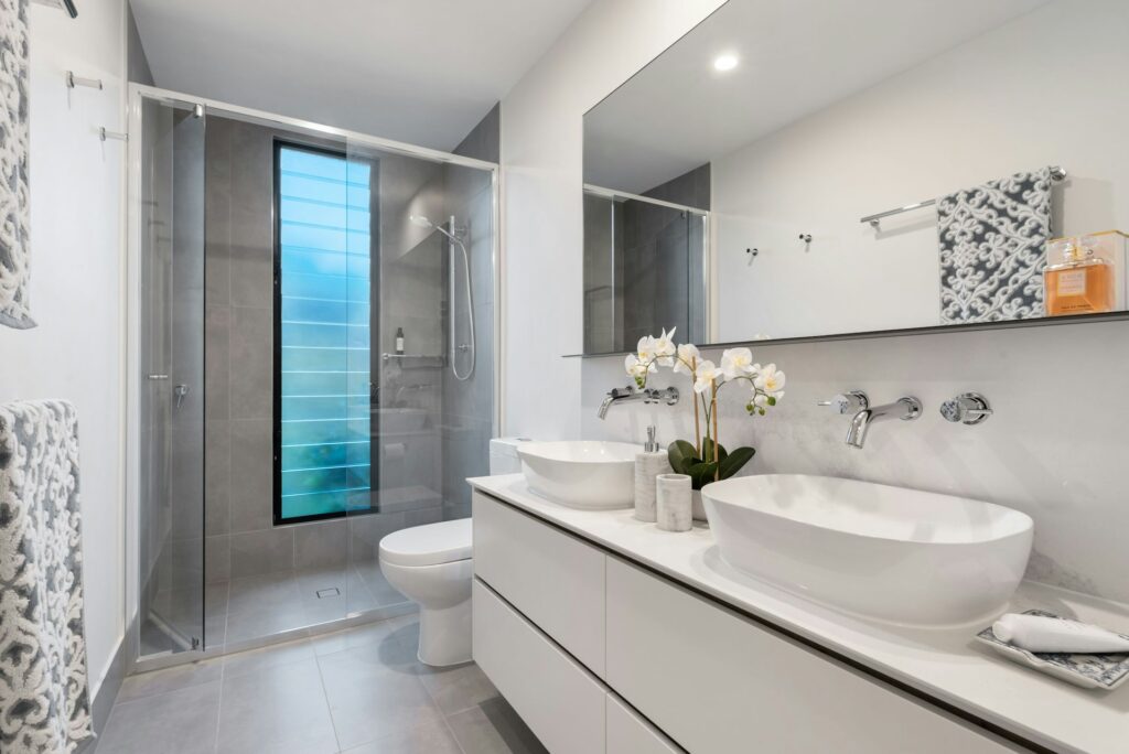 Bathroom with a clear shower door.
