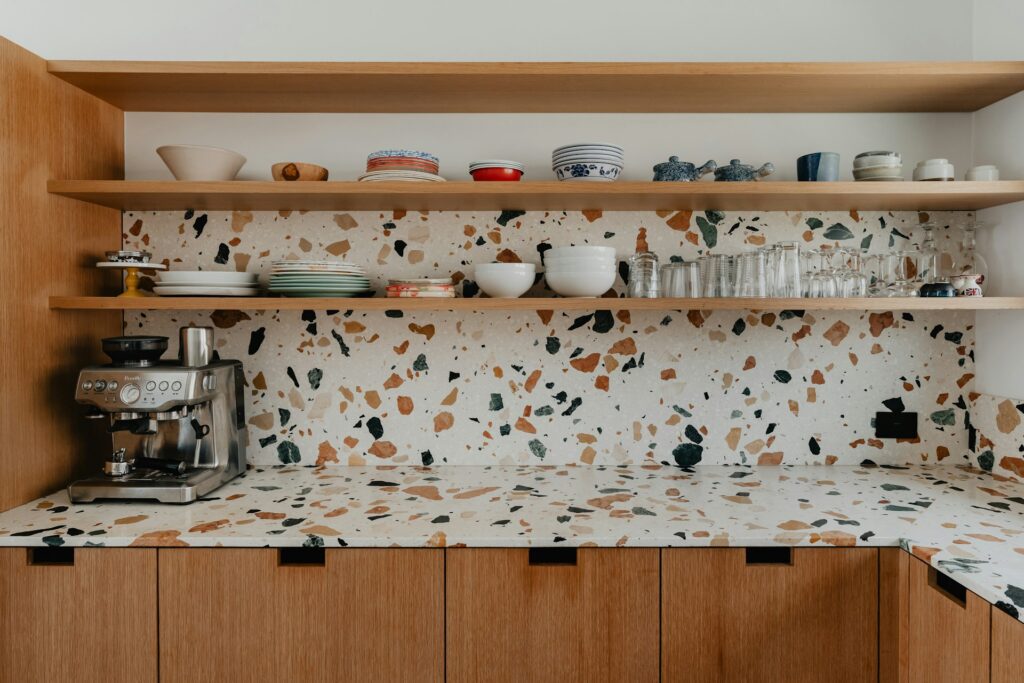 Outdated kitchen backsplash.