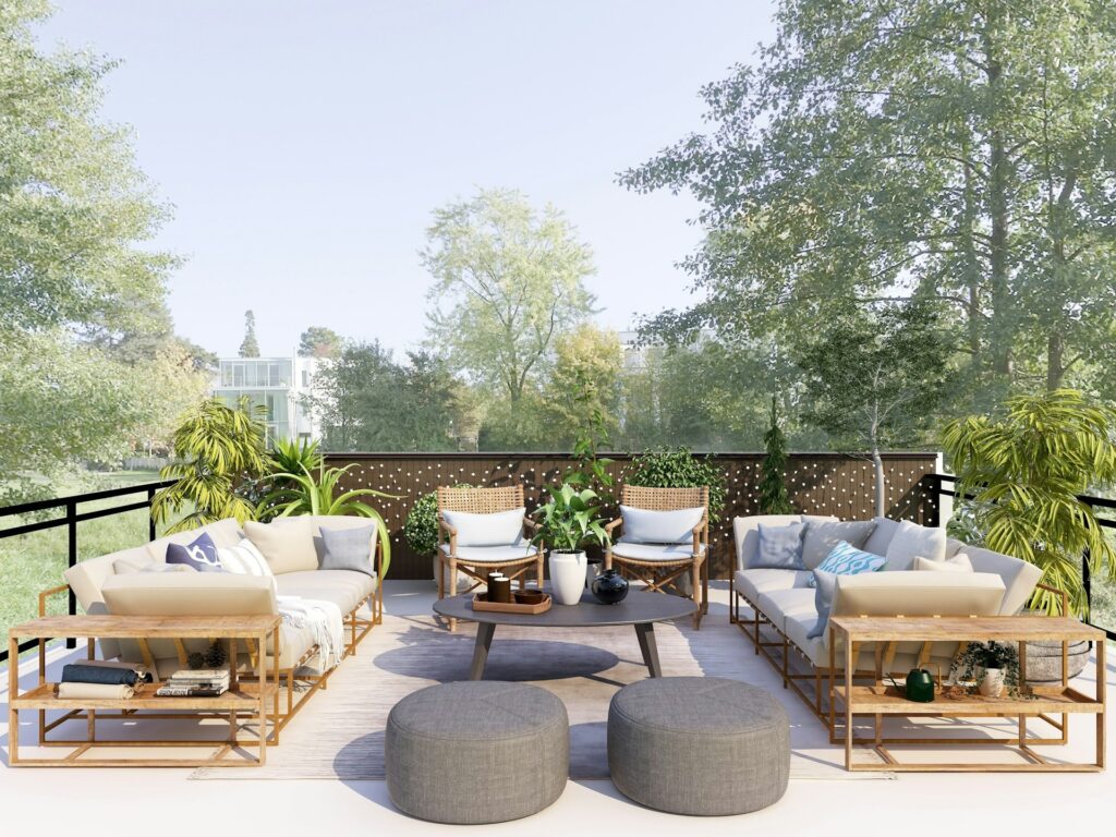 Deck furniture surrounded by trees