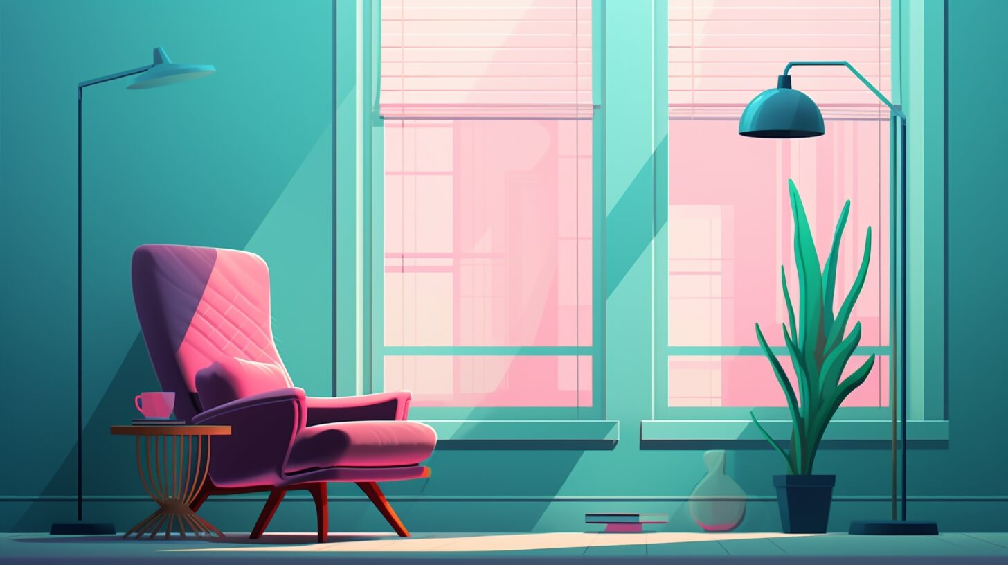 pink armchair next to a window with lamps