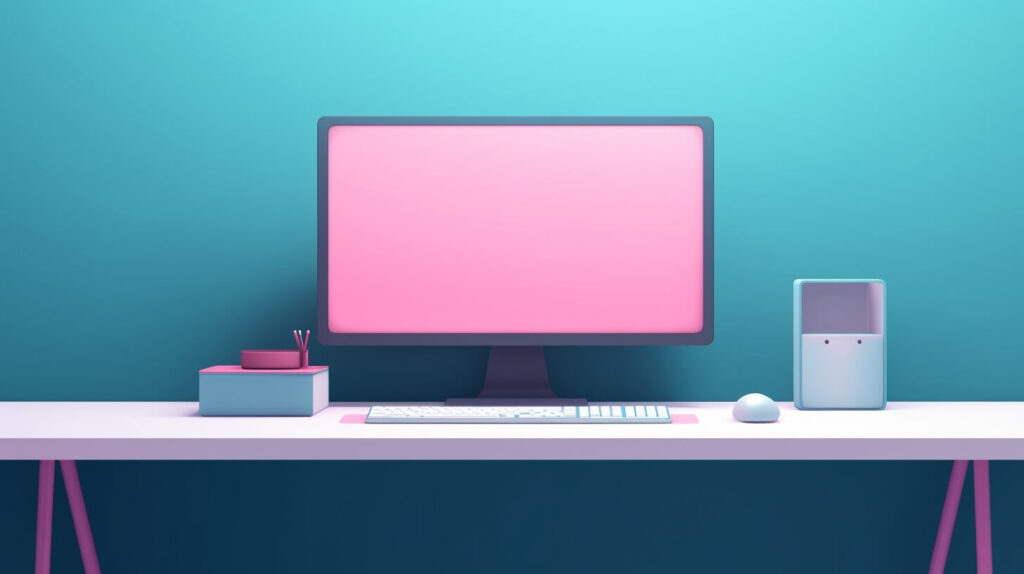 computer with a pink screen on a desk with a keyboard and mouse
